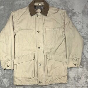 FIELDMASTER Chore Coat Men Small Khaki Zip Snap Barn Field Jacket Leather Collar